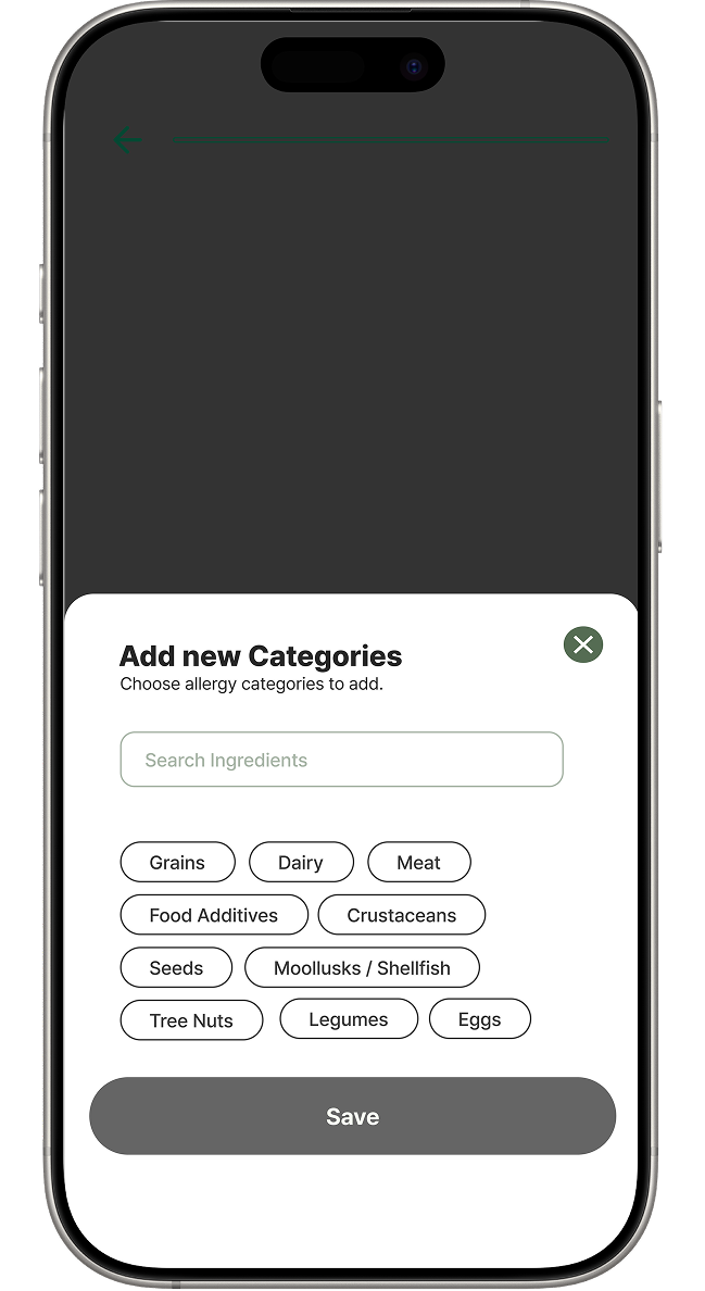 Ingredient list edit wireframe